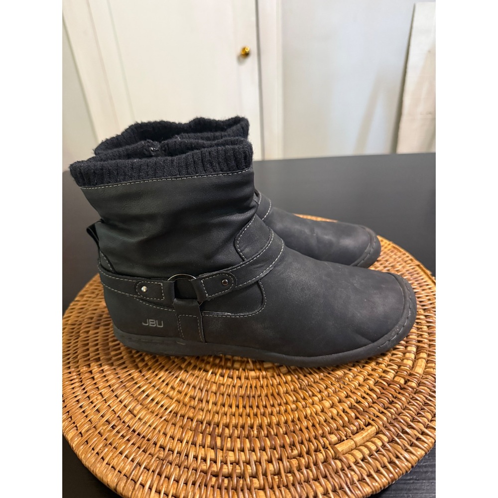 JBU by Jambu Womens Black Faux Leather Knit Collar Ankle Boots Harness Detail